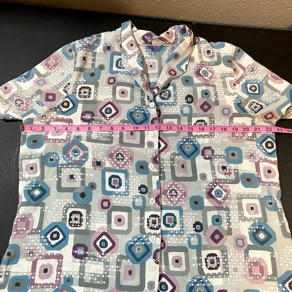 Womens Large Short Sleeve Blouse Shirt Top Tee Collared Geometric y2k Retro - Picture 5 of 8